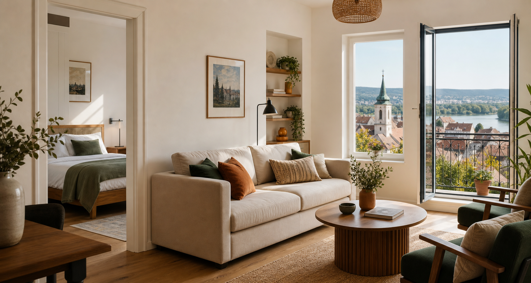 Warm apartment interior with a Szentendre old town view